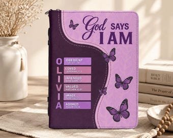 Personalized Purple Butterfly Leather Bible Cover, Custom Bible Case with name, God Says I Am, Inspirational Christian Gift for Her
