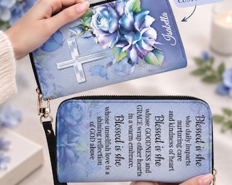 Personalized Women Long Wallet Custom Christian Gift Floral Wristlet Leather Purse Blessed Is She