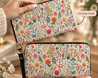 Personalized Floral Long Wallet, Custom Name Womens Leather Purse, Wildflower Wristlet Gift