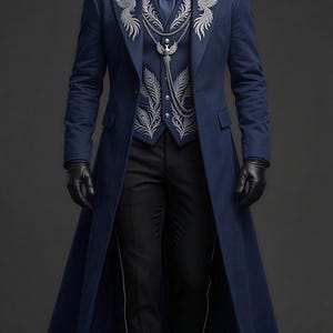 Men’s Gothic Tailcoat Suit – Embroidered Phoenix Coat, Victorian Steampunk Formal Wear, Dark Royal Wedding Outfit, Fantasy Cosplay Jacket.