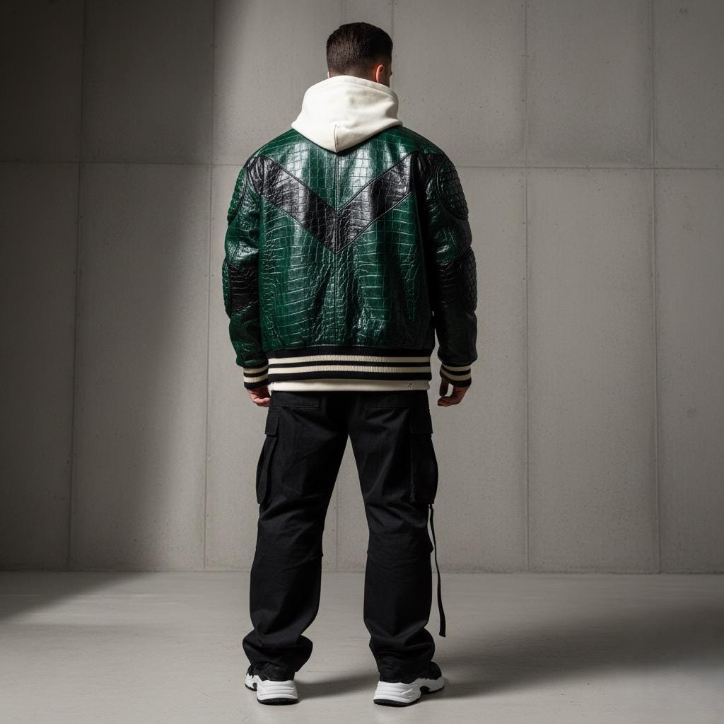 Men's Genuine Crocodile Leather Varsity Jacket, Green & Black Moto