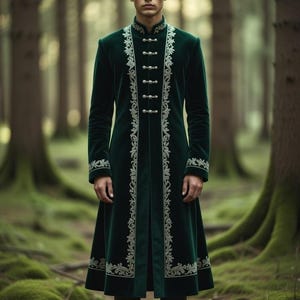 Puede incluir: Un abrigo largo de terciopelo verde oscuro con bordados plateados y detalles de botones. El abrigo tiene un cuello alto y una falda acampanada, usado con botas negras. La imagen está en un bosque.