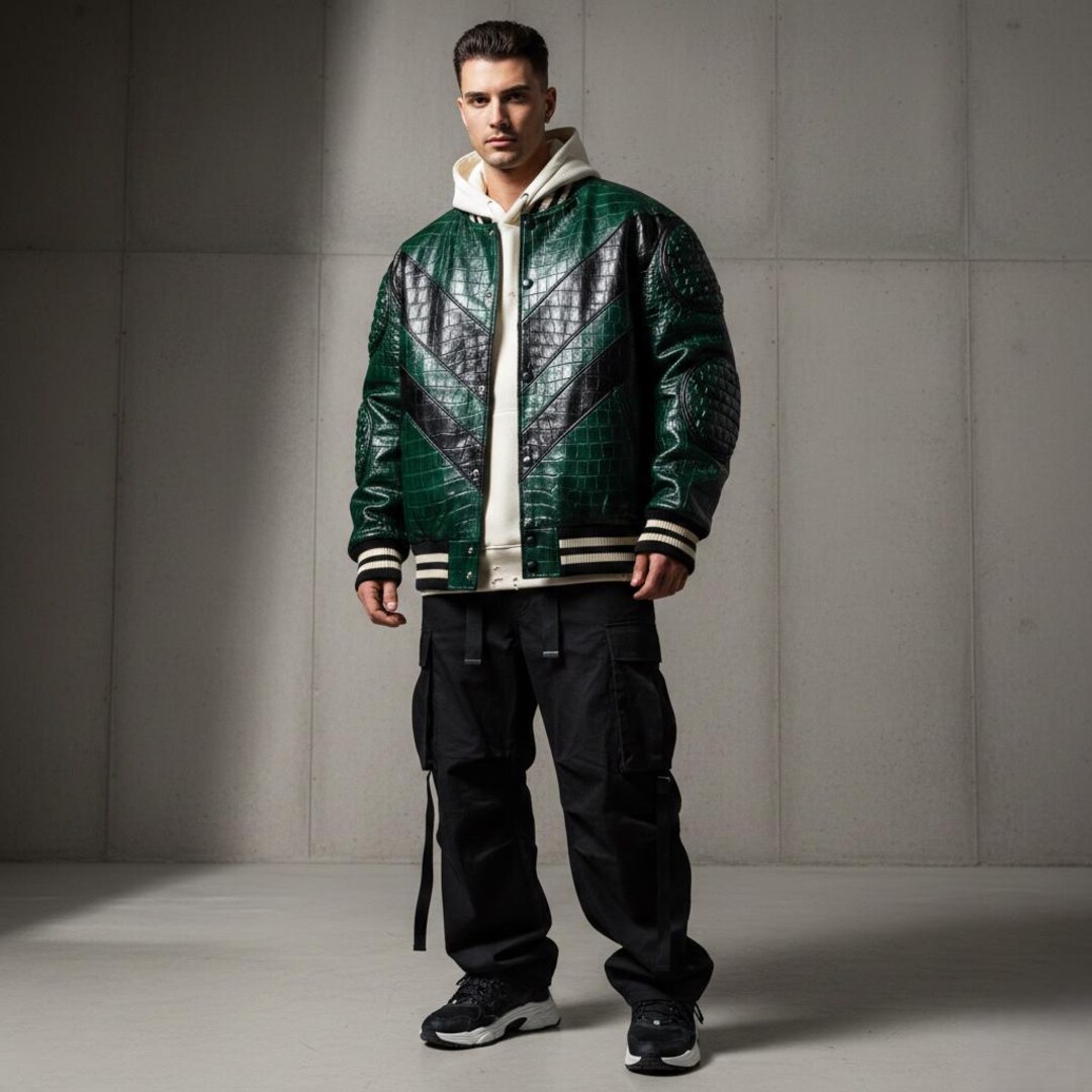Men's Genuine Crocodile Leather Varsity Jacket, Green & Black Moto