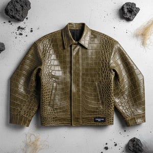 May include: An olive green jacket with a crocodile skin texture. The jacket has a collared neckline, two front pockets, and a black interior lining. The brand name "CROCO NYC" is visible on a small tag near the bottom hem.