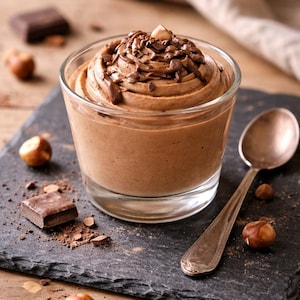 Op de afbeelding: Een glas chocolademousse, gegarneerd met chocoladeschaafsel en een hazelnoot. Het dessert staat op een donkere leisteen, vergezeld van een lepel, stukjes chocolade en verspreide hazelnoten. De achtergrond is een houten oppervlak.
