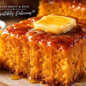 Puede incluir: Una rebanada cuadrada de pan de maíz dorado cubierta con una nuez de mantequilla y rociada con miel. El pan de maíz tiene una textura húmeda, con miel goteando por los lados. Las palabras "ULTRA MOIST & RICH" e "Irresistibly Delicious" están en la imagen.