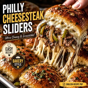 Peut inclure: Recette de Philly Cheesesteak Sliders avec des petits pains dorés aux herbes, garnis de bœuf émincé, d'oignons sautés, de poivrons verts et de fromage fondu. Texte inclus : Philly Cheesesteak Sliders, Easy Recipe, Bakery Style, English Recipe PDF.