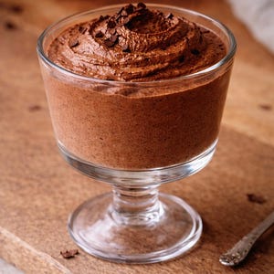 Op de afbeelding: Een dessert in een helder glazen schaal gevuld met chocolademousse, gegarneerd met chocoladeschilfers. Het dessert staat op een houten plank, met een lepel ernaast. De mousse is donkerbruin.