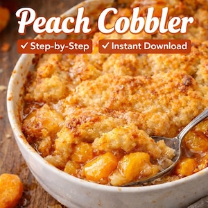 May include: A close-up shot of a peach cobbler in a white ceramic dish. The cobbler has a golden-brown, flaky crust and a filling of juicy peaches. The text "Peach Cobbler" is at the top, with "Step-by-Step" and "Instant Download" below.