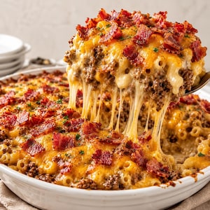 Puede incluir: Una cazuela de macarrones con queso horneados en un plato de cerámica blanca, cubierta con trozos de tocino crujiente y queso cheddar derretido. Una cuchara grande levanta una porción, revelando largos hilos de queso y carne picada.