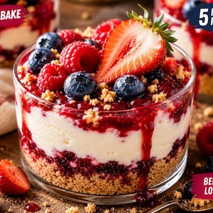 May include: A layered dessert in a glass bowl featuring a bottom crust of crushed graham crackers, a middle layer of white cream, and a top layer of red berry compote. It is topped with fresh blueberries, raspberries, and a strawberry half. Text reads NO BAKE, 5 MIN PREP, and BERRY LOVER.