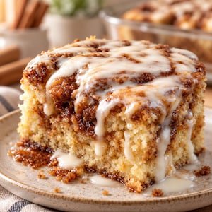 May include: A square slice of cinnamon cake on a ceramic plate, featuring a golden-brown crumb base with a thick, dark brown cinnamon swirl throughout the interior and a generous, glossy white icing glaze drizzled over the top surface.