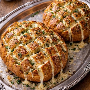 Könnte beinhalten: Zwei runde, goldbraune Knoblauch-Käsebrote auf einem silbernen Tablett. Das Brot ist in Quadrate geschnitten und mit geschmolzenem Käse gefüllt, mit Kräutern bestreut. Der Käse tropft an den Seiten herunter.