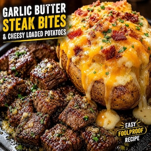 Puede incluir: Primer plano de bocados de bistec con mantequilla de ajo y una patata cargada con queso. Los bocados de bistec son marrones y brillantes, espolvoreados con hierbas. La patata está cubierta con queso derretido y tocino. El texto dice "GARLIC BUTTER STEAK BITES & CHEESY LOADED POTATOES" y "EASY FOOLPROOF RECIPE".