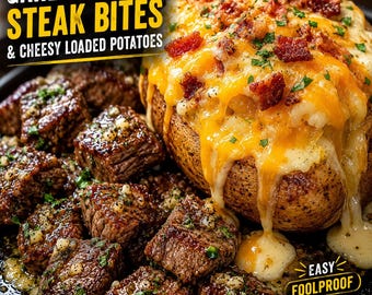 Puede incluir: Primer plano de bocados de bistec con mantequilla de ajo y una patata cargada con queso. Los bocados de bistec son marrones y brillantes, espolvoreados con hierbas. La patata está cubierta con queso derretido y tocino. El texto dice "GARLIC BUTTER STEAK BITES & CHEESY LOADED POTATOES" y "EASY FOOLPROOF RECIPE".