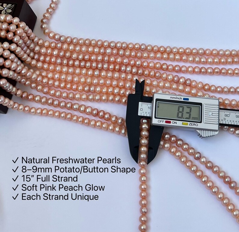 Calip R Peach Peach Pink Freshwater Pearl Strand – 8-9mm Potato Button Pearls, 15 ...
