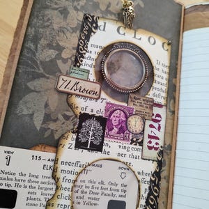 May include: A vintage scrapbook page with a magnifying glass, a small tree illustration, and a handwritten note that says "71. Brown". The page is decorated with various ephemera, including a stamp of George Washington, a clock face, and a piece of paper with the text "115-AM ELK motion TI".