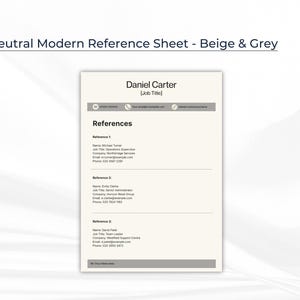 May include: A beige and grey reference sheet titled "Neutral Modern Reference Sheet - Beige & Grey". The document includes the name "Daniel Carter" and the word "References". The bottom right corner has the "RE-DESIGN" logo.