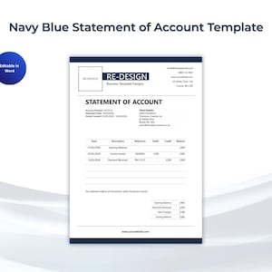 Puede incluir: Una plantilla de estado de cuenta azul marino con el texto "RE-DESIGN Business Template Designs" en la parte superior. El documento incluye secciones para detalles de la cuenta, transacciones y un resumen. La plantilla es editable en Word.