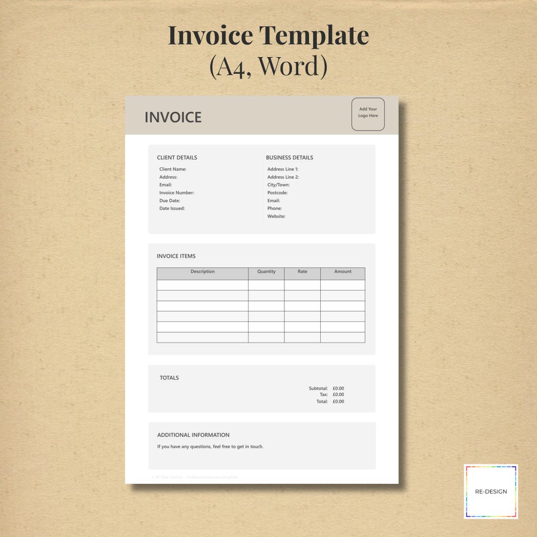 Beige Invoice Template | A4 Editable Word Document | Professional ...