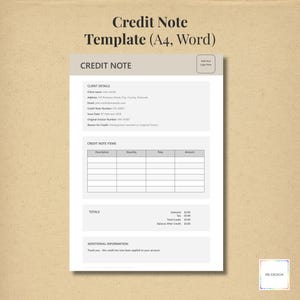 Puede incluir: Una plantilla de Nota de Crédito blanca con el título "Credit Note Template (A4, Word)". El documento incluye secciones para detalles del cliente, elementos de la nota de crédito, totales e información adicional. El diseño es limpio y profesional.