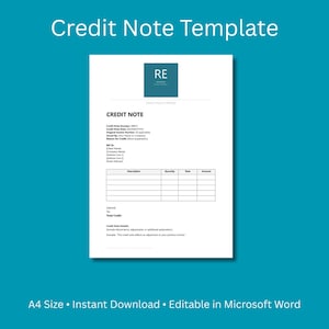 Puede incluir: Una plantilla de nota de crédito blanca sobre un fondo turquesa. El documento incluye campos para el número de nota de crédito, la fecha y los detalles. El texto "Credit Note Template" está en la parte superior. El texto inferior dice "A4 Size • Instant Download • Editable in Microsoft Word."