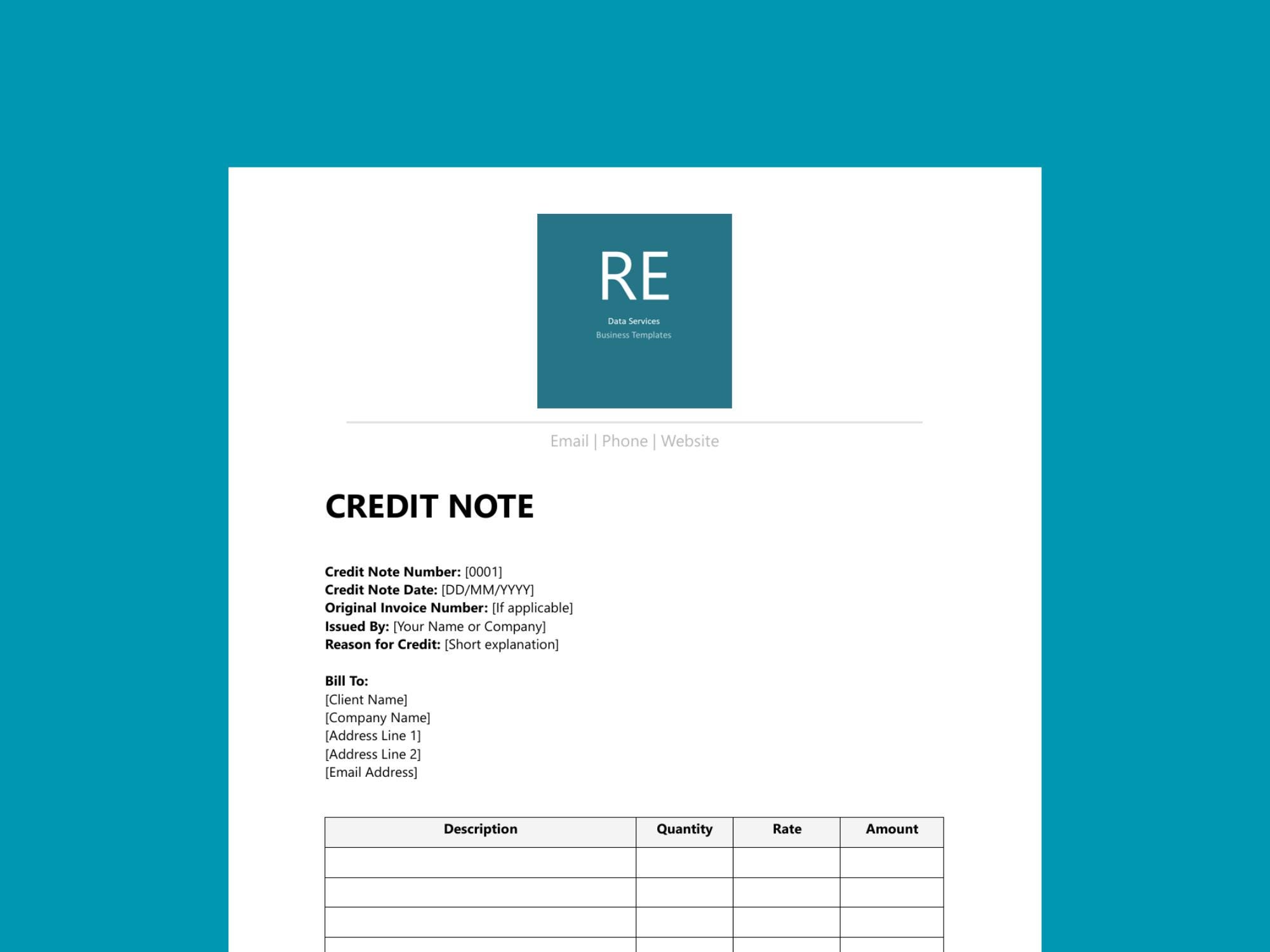 Editable Credit Note Template | A4 Word Document - Digital Download - Etsy