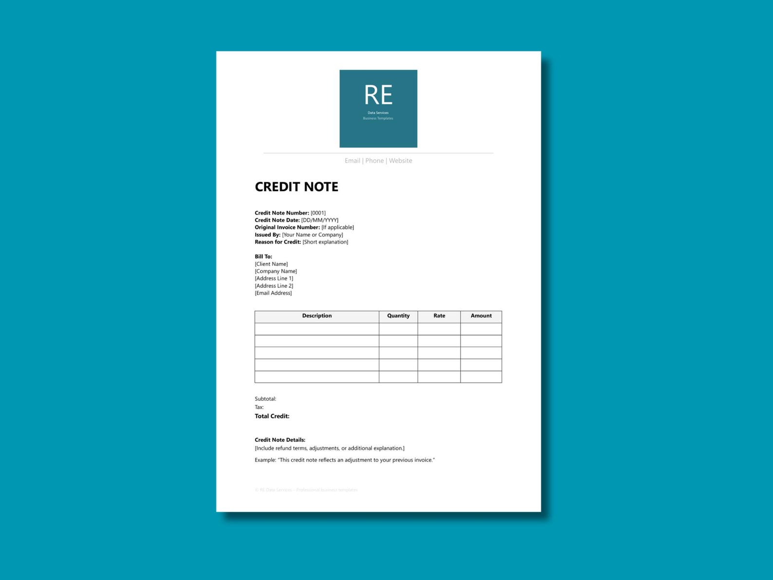 Editable Credit Note Template | A4 Word Document (digital Download) - Etsy