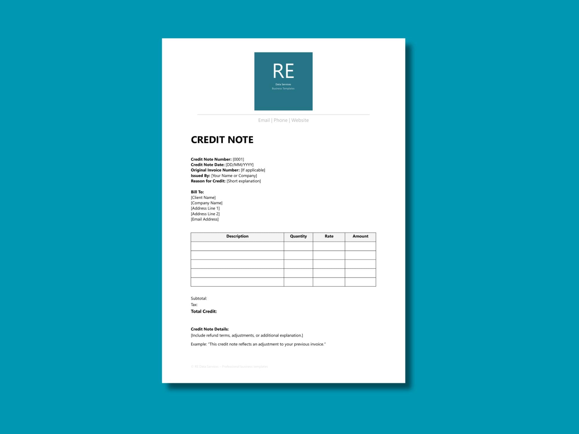 Editable Credit Note Template | A4 Word Document - Digital Download - Etsy