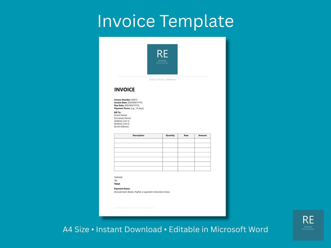 Business Invoice Template | A4 Editable Word Document | Professional ...