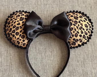 Leopard Print Mickey Ears | Animal Kingdom Cheetah Minnie Ears | Black Satin Bow Disney Headband | Handmade Mouse Ears