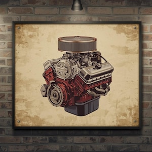 May include: Framed illustration of a vintage car engine, featuring red and silver components. The engine is detailed with a large air filter and various mechanical parts. The artwork is displayed on a textured, aged background, mounted in a black frame.
