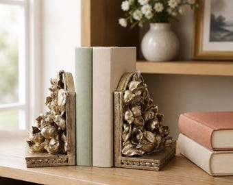 Gold Magnolia Bookends: Hollywood Regency Floral Shelf Decor