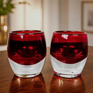May include: Two short, rounded drinking glasses made of clear glass with a thick, deep red band around the upper portion. The glasses feature a heavy, solid base and a smooth, curved silhouette, showcasing a distinct color-blocked design.