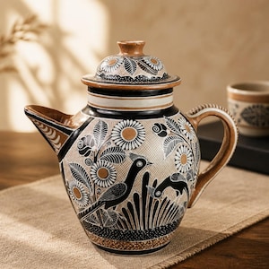 May include: A ceramic teapot with a lid, featuring a tan and black hand-painted design of birds, flowers, and foliage. The vessel has a curved handle, a pointed spout, and a rounded body, all decorated with intricate patterns and fine line work.