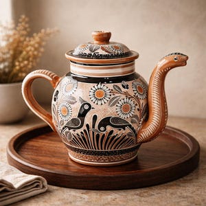 May include: A decorative ceramic teapot with a unique snake-shaped spout and handle. The teapot features a floral and bird design in black, white, and orange against a beige background. The teapot is sitting on a wooden tray.