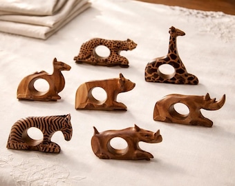 Vintage Hand Carved Wooden Safari Animal Napkin Rings Set of 7
