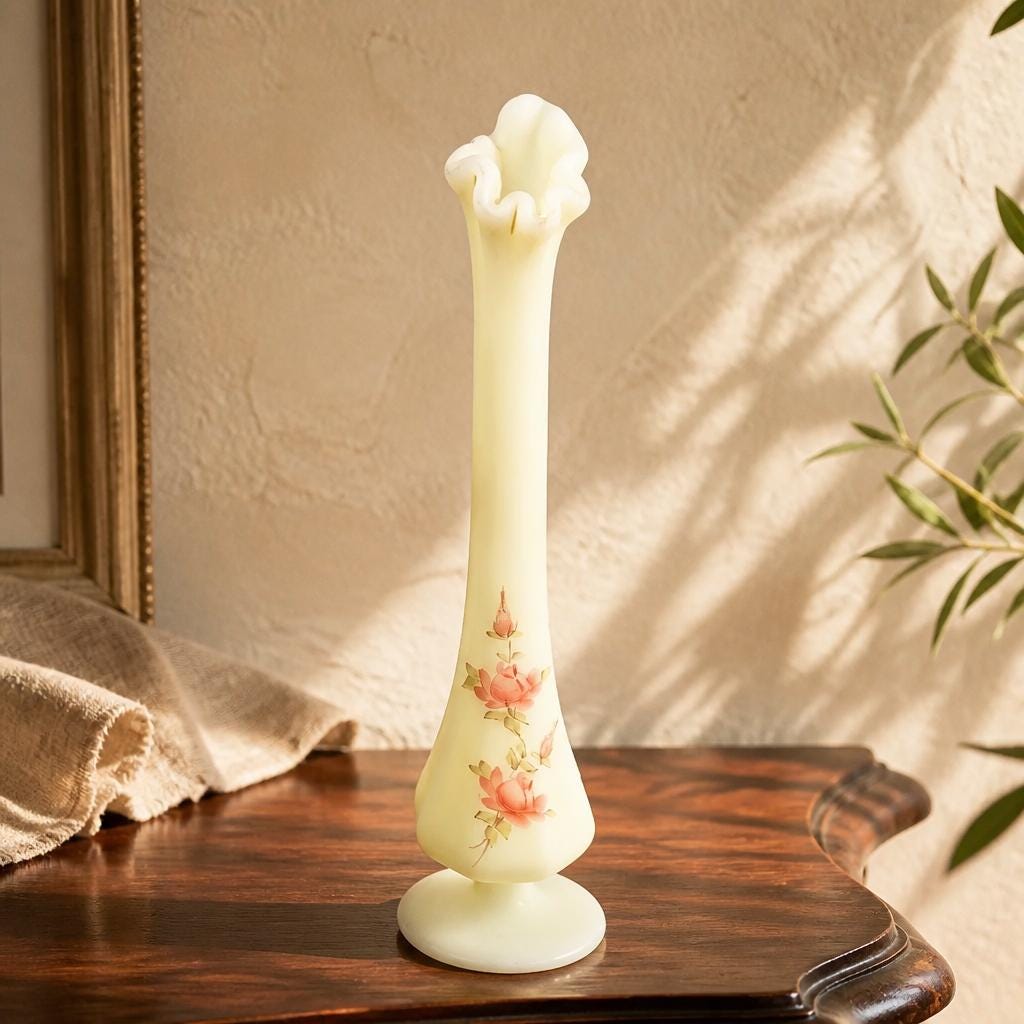 Fenton Custard Uranium Glass Vase Hand Painted - Etsy