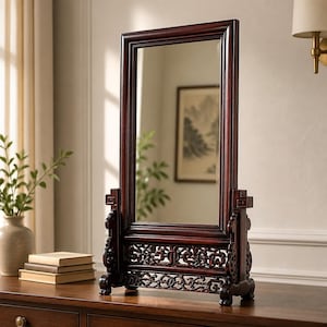 May include: A rectangular tabletop mirror with a dark reddish-brown wooden frame. The mirror is supported by a decorative, carved wooden stand featuring intricate openwork patterns at the base and side supports, allowing the mirror to tilt.