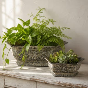 Vintage Tinned Copper Planters Set of 2, Embossed Leaf Hexagon Cachepots, Aged Patina Metal Jardinieres