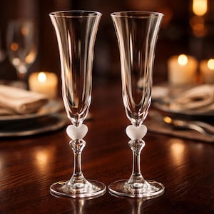 May include: Two clear champagne flutes with heart-shaped accents. The flutes are made of glass and have a long, slender stem. The heart-shaped accents are white and are located at the base of the flute's bowl. The background is blurred, with candles and tableware visible.