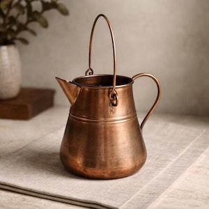Vintage Copper Pitcher, Hanging Handle, Rustic Farmhouse Jug, Antique Style Water Container