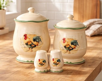 Vintage Gibson Royal Rooster Canister Set with Salt Pepper Shakers, Farmhouse Kitchen Decor