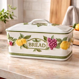 May include: White ceramic bread box with a lid and handle. The box is decorated with green leaves, yellow and red fruit, and a cluster of purple grapes. The word "BREAD" is displayed on the front.