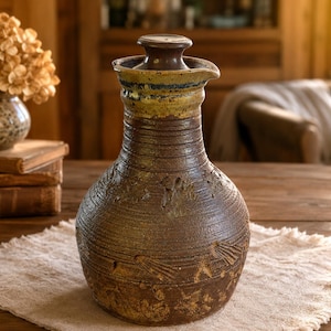Op de afbeelding: Een handgemaakte, bruine keramische kruik met een textuur en een decoratief ontwerp. De kruik heeft een smalle hals en een kleine tuit. Het staat op een beige linnen doek op een houten tafel. Een kleine vaas met gedroogde bloemen staat op de achtergrond.