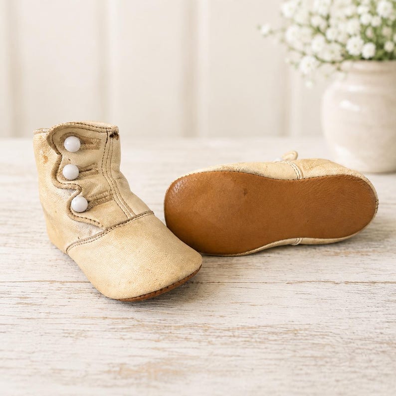 May include: A pair of cream-colored leather baby boots featuring a high-top design with three small white buttons along the side. One boot is standing upright to show the button detail, while the other is placed on its side to reveal the brown sole.