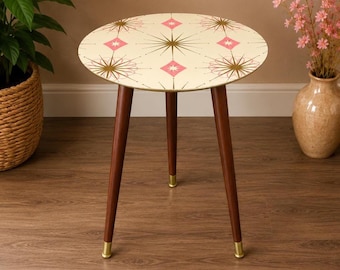 FREE SHIPPING Retro Atomic Side Table | MCM Inspired Accent Table | Pink & Gold Decor
