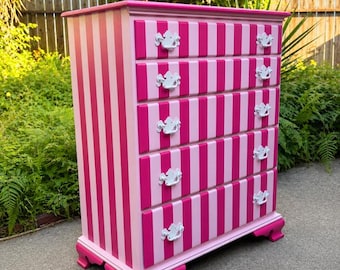 Vintage Pink Striped Dresser – Whimsical Hand Painted Statement Furniture – Funky Retro Chest of Drawers – Eclectic Maximalist Storage