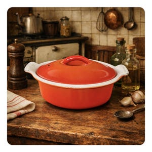 May include: An orange enameled cast iron Dutch oven with a white rim and lid. The pot sits on a wooden surface with a vintage kitchen backdrop. A classic kitchenware item for cooking.