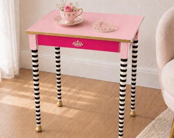 Hand Painted Pink Princess Side Table | Whimsical Fantasy Furniture | Striped Accent Table